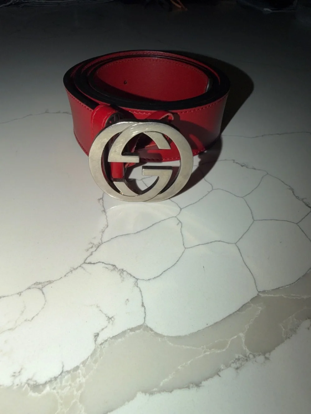 Gucci Red Leather Men's Belt with Silver Interlocking G Buckle
